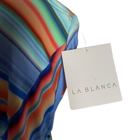 La Blanca Sunset Multicolor Bandeau Belted Tie Waist Stripe One Piece Swimsuit 4 - Picture 8 of 12